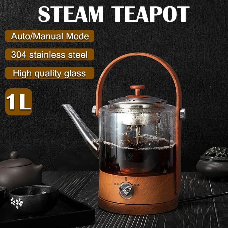 Teapot for domestic use steam hot teapot teapot for health black tea electric kettle glass teapot for steam cooking high-end retro wood