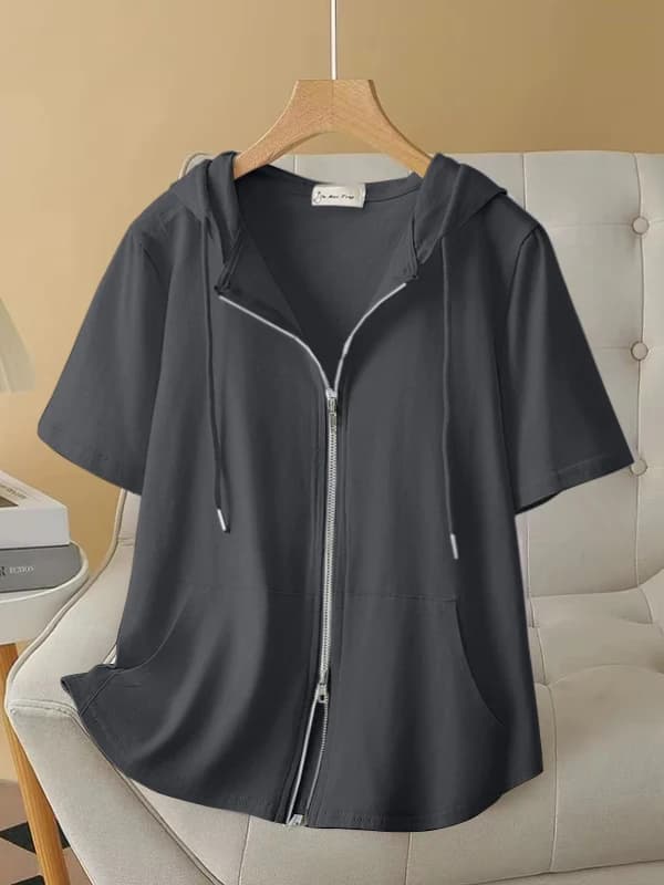 Faionable Zipper Hoodie ort Sve T-irt Women Pure Cotton Summer Wear plus Size Loose Design Sense Top Korean Sle Co...