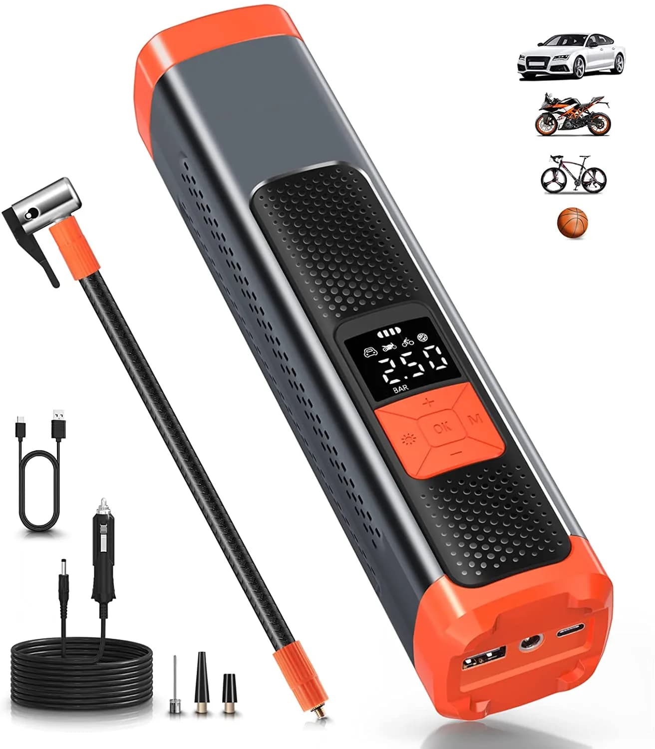 Pompa d'aria portatile per compressore d'aria per gonfiatore di pneumatici per pneumatici per auto Accessori per auto, pompa per pneumatici automatica 12V DC con manometro digitale