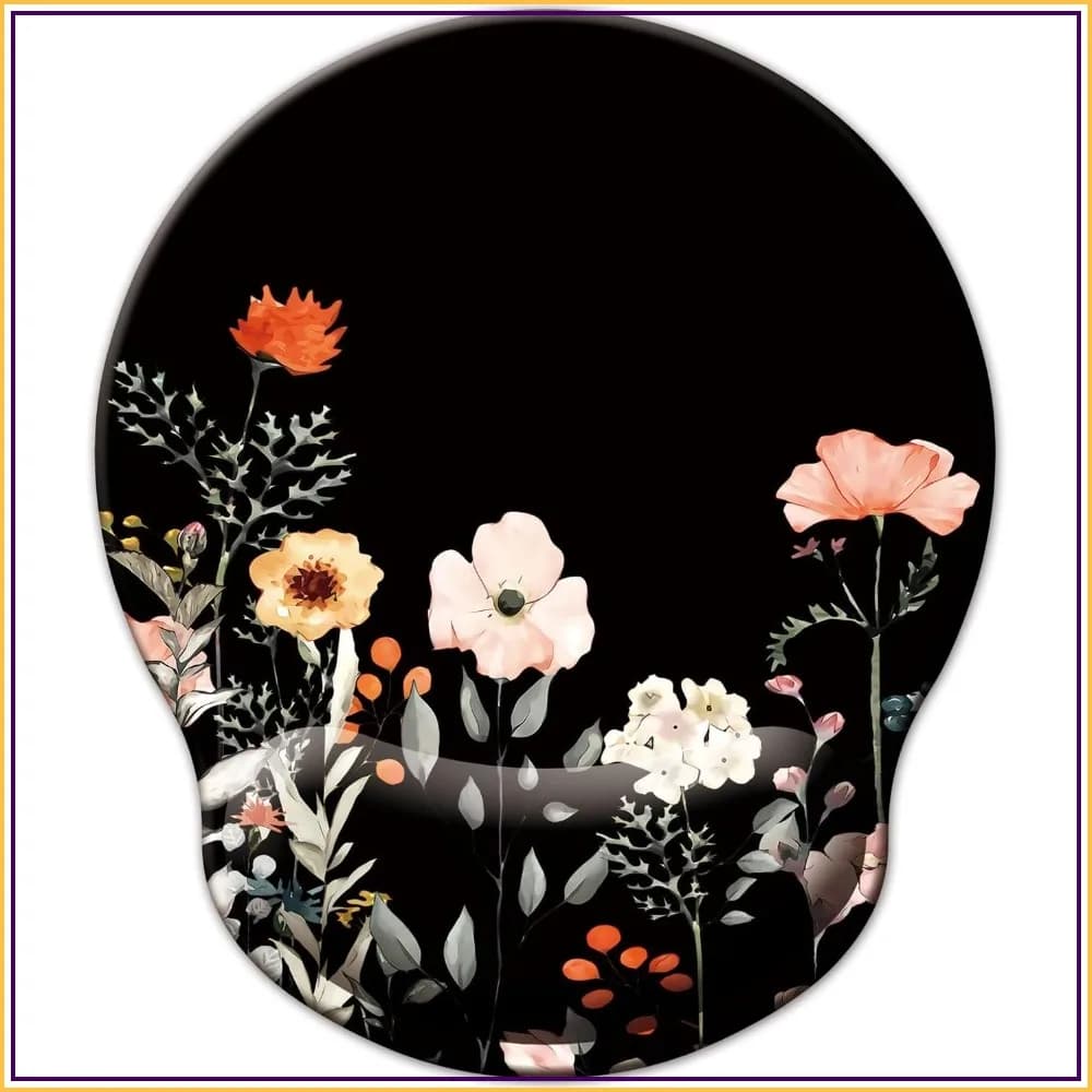 Ergonomic Mouse Pad with Wrist Support, Memory Foam Cushion, Non-Slip Rubber Base for Office and Gaming, Flower Black