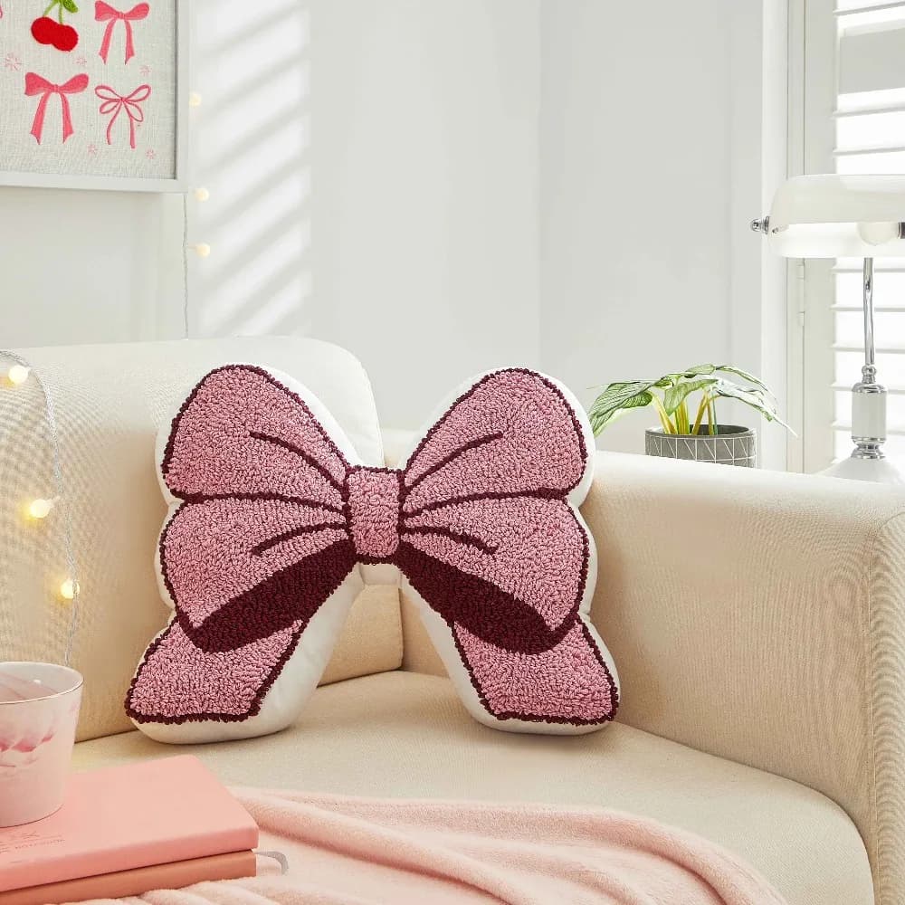 16 x 13 Shaped Decorative Throw Pillow Pink Bow Pillow for Teens Adults Cute Fluffy Soft Cushion Home Sofa Bedroom Decor Gift