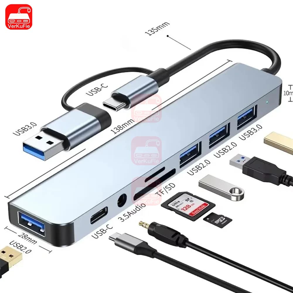 Hub USB C Splitter USB 8in1 7in1 7in2 Estensore USB 3in1 con 4 porte USB 1 porta USBC Lettore di schede TF/SD Uscita audio compatibile