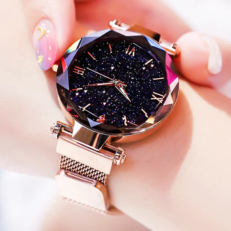 Women's Watch with Star Sky, Magnetic Buckle, Net Strap, Quartz Watch with Diamonds, Elegant Women's Watch