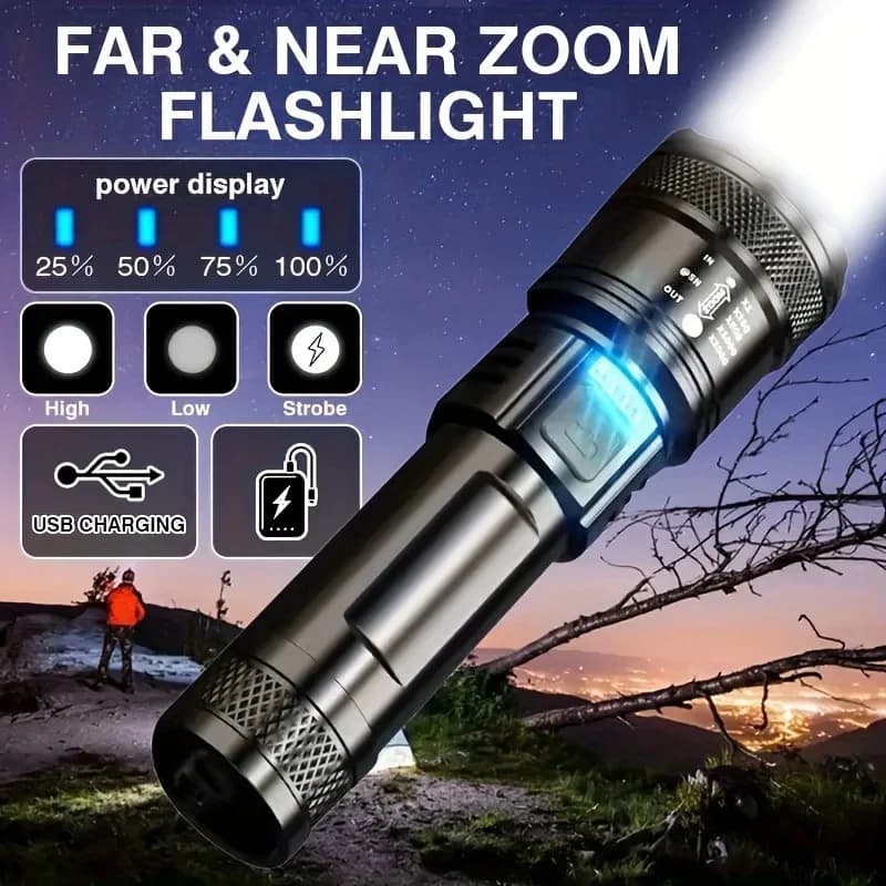 Torcia con Zoom telescopico torcia ad alta potenza torcia USB ricaricabile torcia a LED lanterna tattica portatile luce forte per esterni