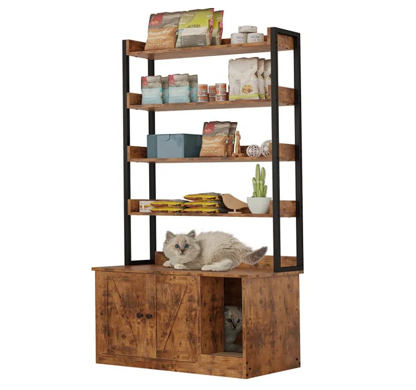 Mobiletto per lettiera personalizzato da fabbrica con 4 ripiani e ante, grande lettiera per gatti in legno, mobiletto nascosto con spazio di archiviazione e zona grattaggio