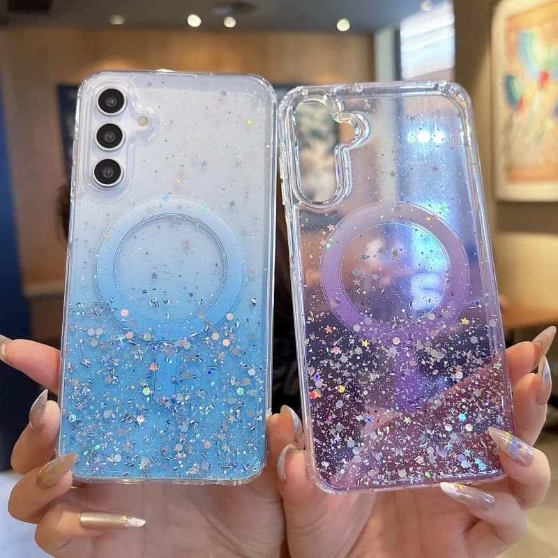 Custodia Magnetica Trasparente Glitter Star per Samsung Galaxy A15 A16 A26 A36 A56 A55 A54 A35 Compatibile con Ricarica Wireless MagSafe, Cover Morbida