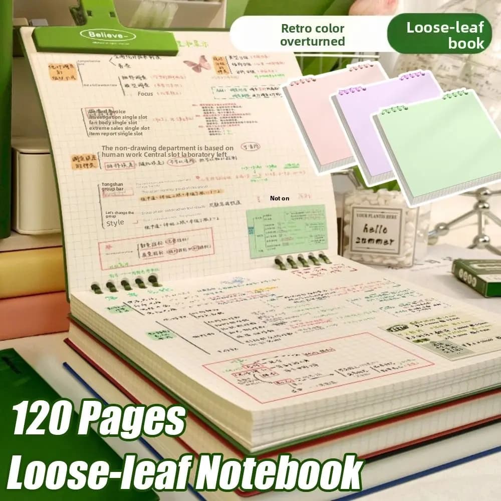 Multifunctional 120 Pages Loose-leaf Notebook Color Flip Up Diary Book Detachable Grid Inner Pages Notepad for School Office
