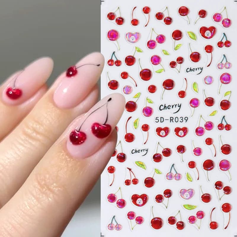 5D glossy cherry jelly nail art sticker cute fruit sweet sliders design self-adhesive decals for nails supplies for manicure DIY