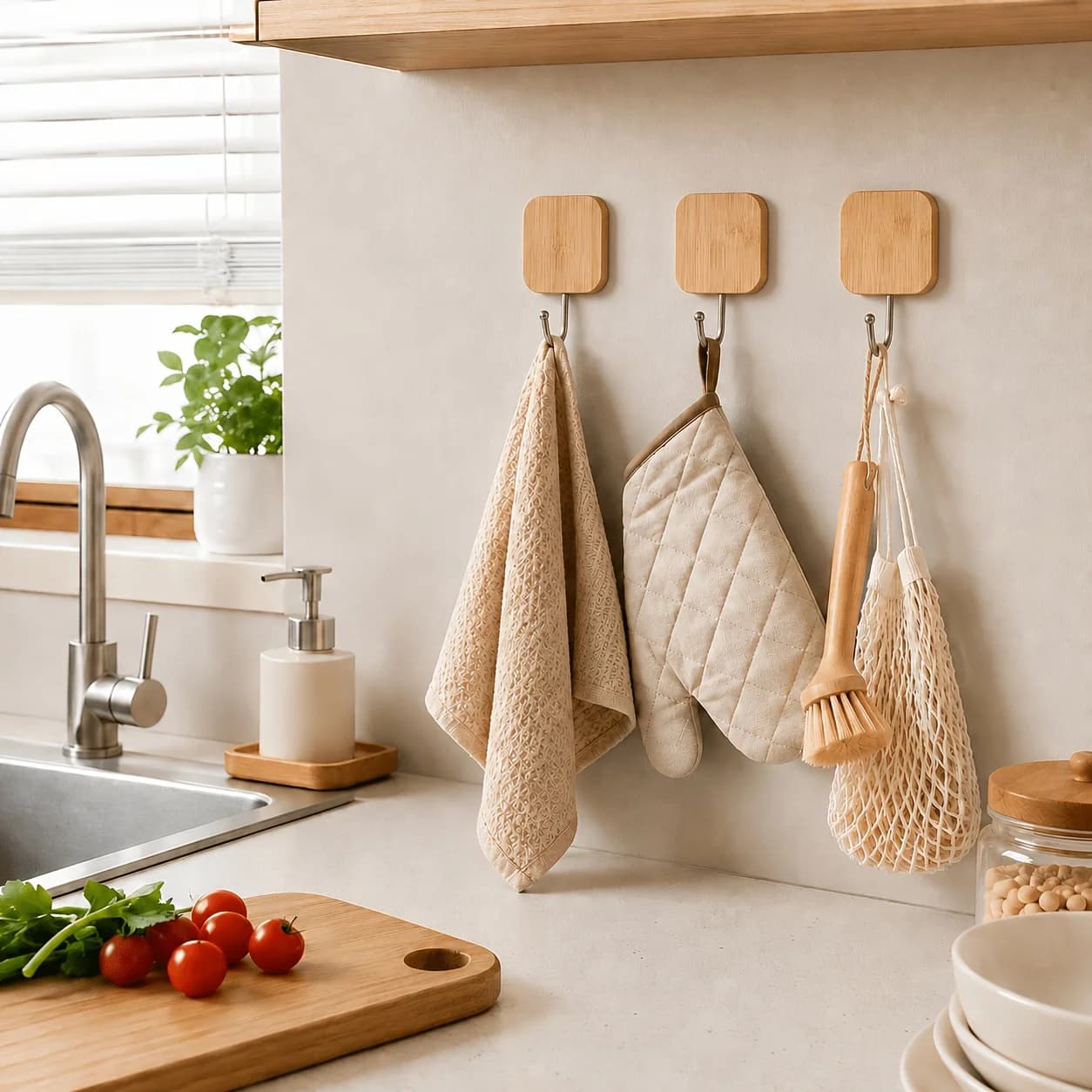 No‑Drill Self‑Adhesive Wall Hooks 3Pcs, Wood Hangers, Space‑Saving Organizer for Towels, Keys and Clothes, Multi‑Room Home Usage