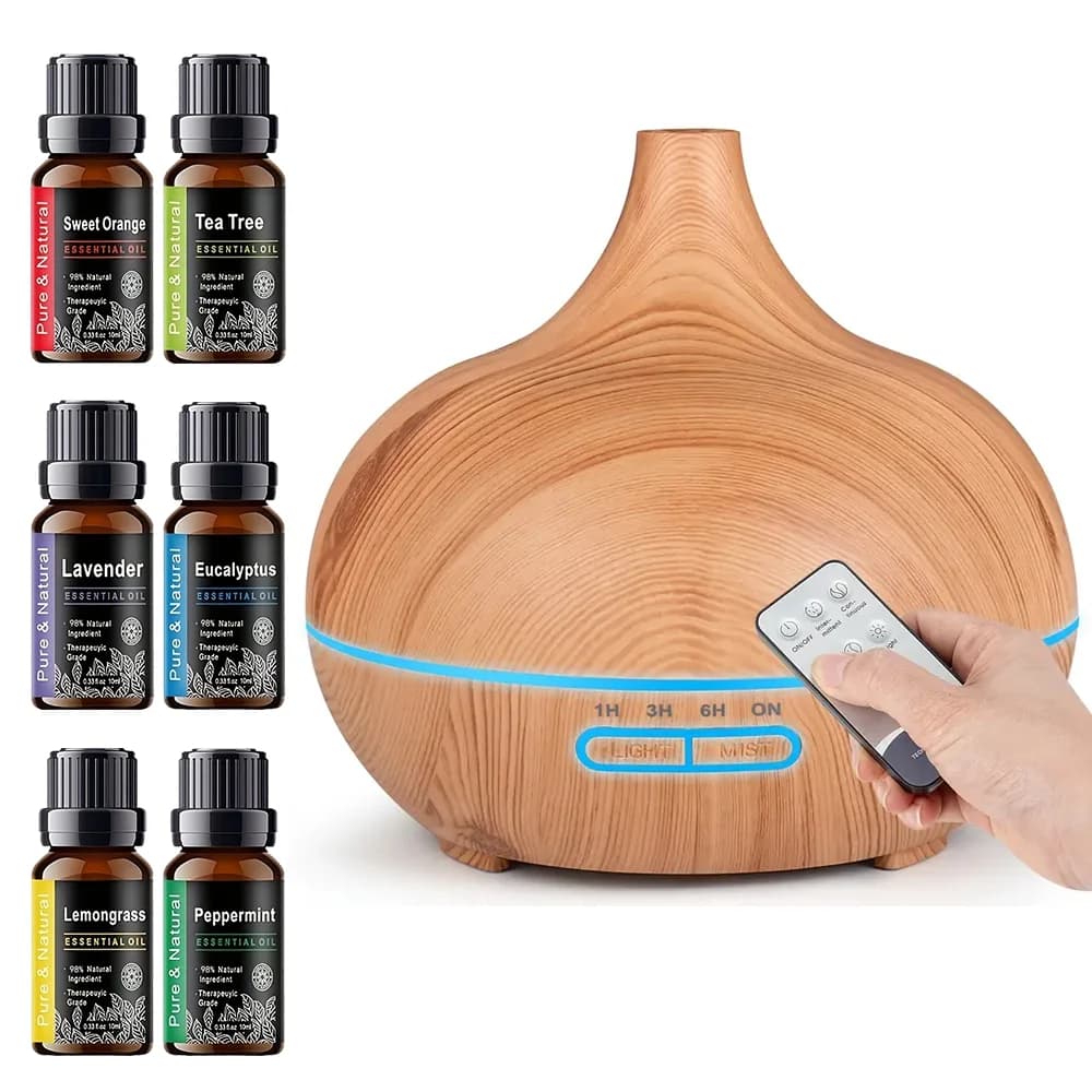 Diffusore di oli essenziali da 550 ml, diffusore di aromaterapia ad ultrasuoni con design a venature del legno, umidificatore a nebbia fredda per camera da letto, casa, O