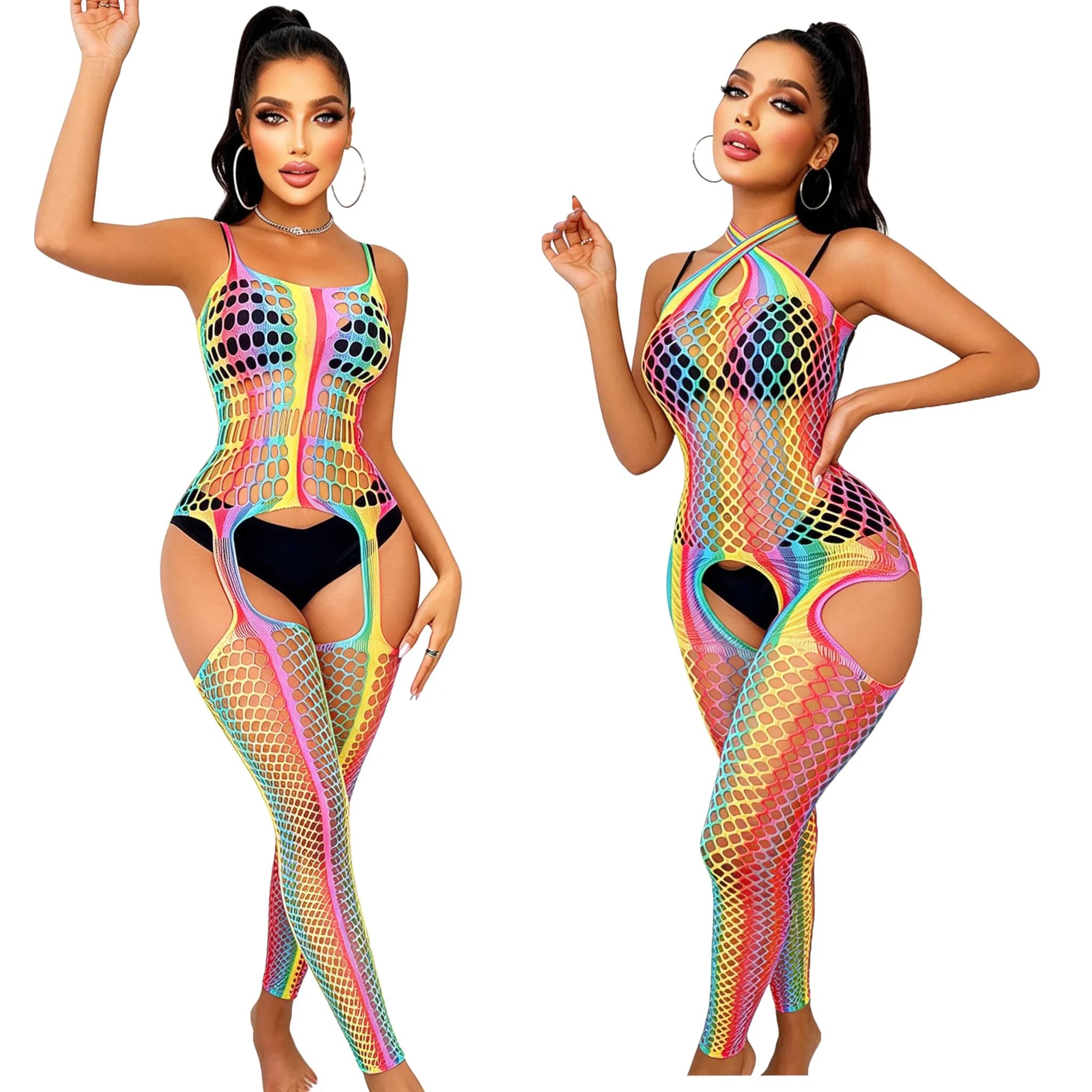 Rainbow Sexy Fishnet Body Stockings Lingerie Erotic open crotch Underwear Suspender for Women Babydoll mesh tight appeal