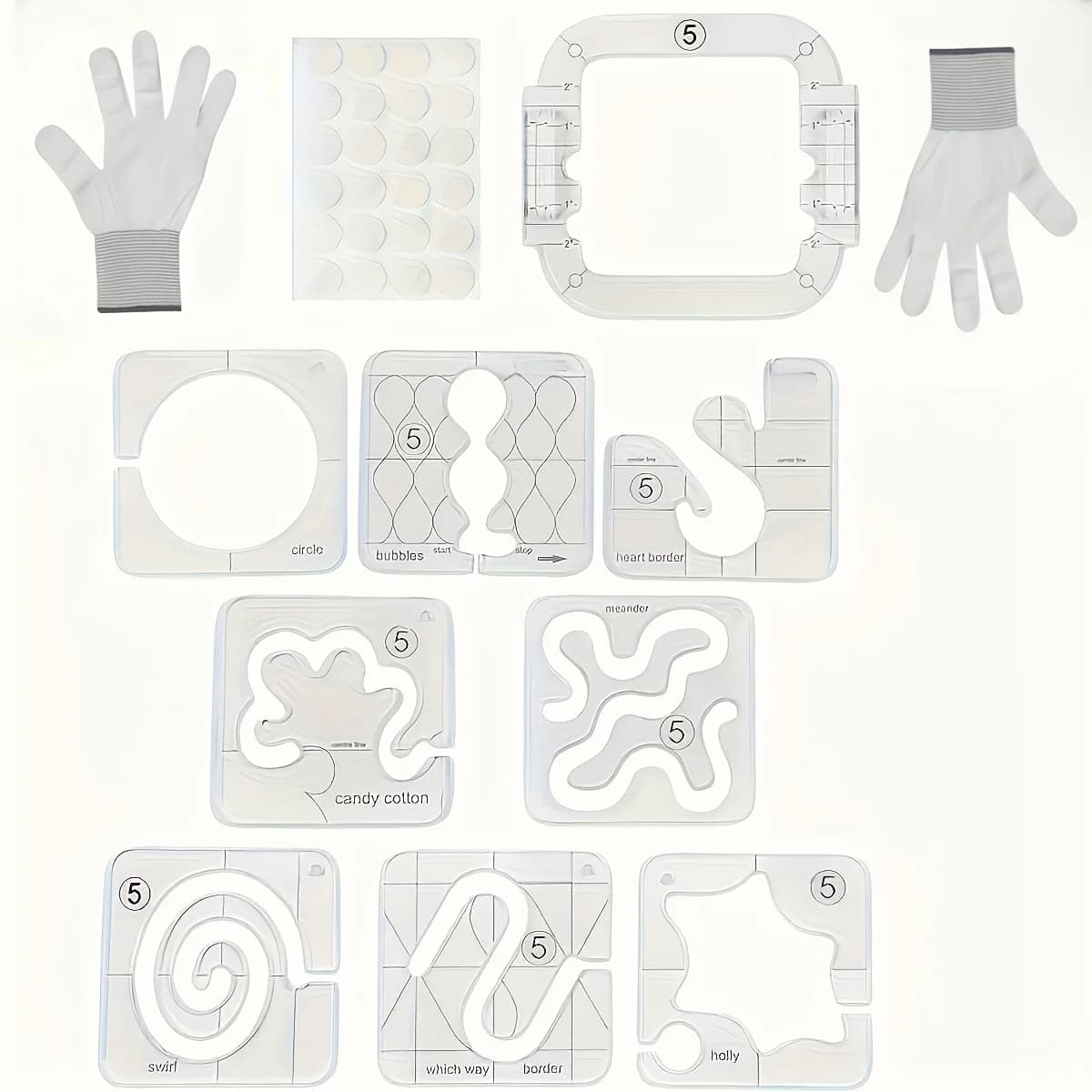 Set di 12 modelli per quilting a movimento libero, 8 stencil con telaio, guanti, adesivi e guida, kit di strumenti per cucito fai da te