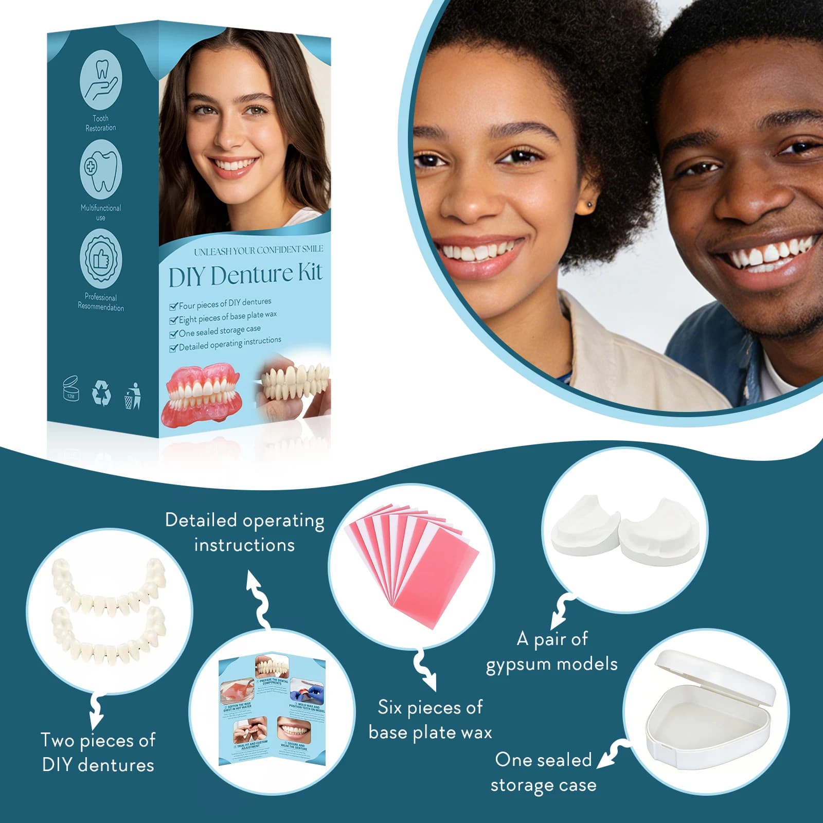 Kit Fai-da-te per Protesi Temporanea con Denti Finti Superiori e Inferiori, Modelli in Gesso per Restauro Cosmetico del Sorriso, Fogli di Cera per Bellezza Orale