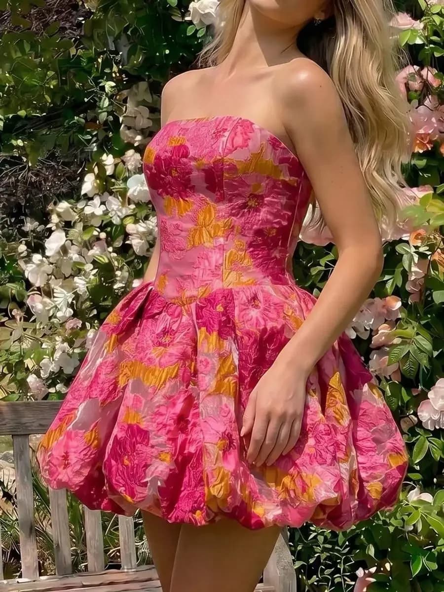 Strapless Floral A-Line Mini Dress With Puff Skirt Sweetheart Neckline Bohemian Summer Party Dress