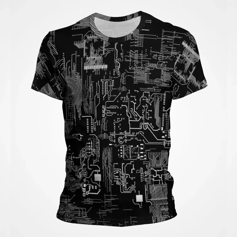 T-shirt da uomo di grandi dimensioni con stampa 3D estiva con motivo a circuito stampato di processore CPU della scheda madre, adatta per l'uso quotidiano