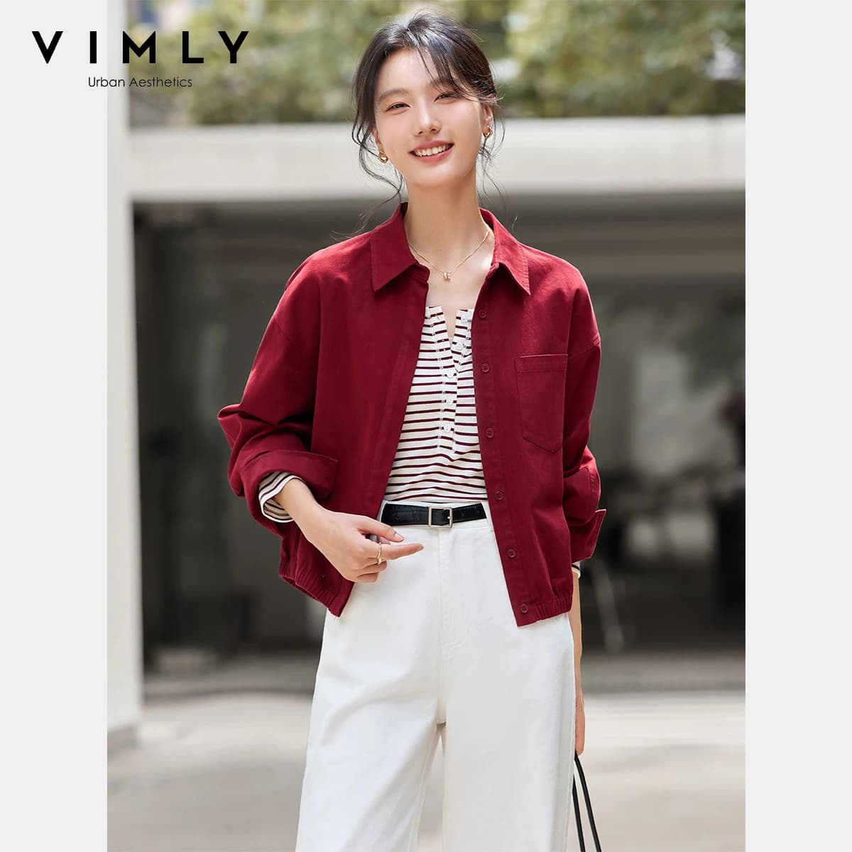 VIMLY Women's Autumn Red Jackets Long Sleeve Woman Fashion 2026 New Ruched Ladies Tops Button Turn-down Female Short Coats A2137