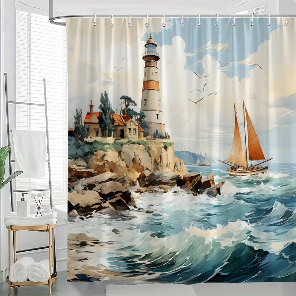 Tenda da doccia con faro costiero da 1 pezzo - Decorazione nautica per il bagno con faro rosso e bianco, barca a vela, Rocky Cliffs - Extra Large