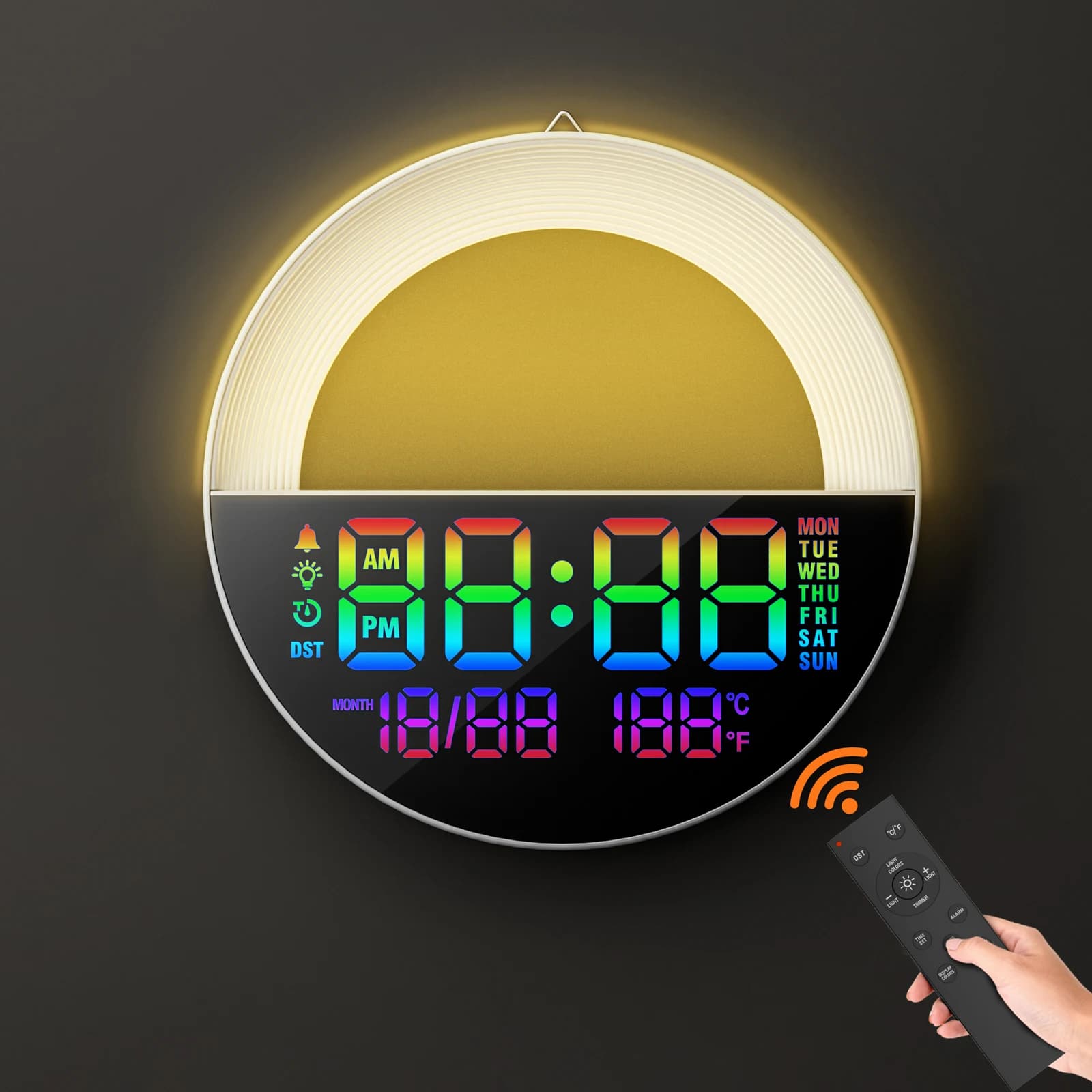 Grande Orologio Digitale da Parete con Telecomando, Luce LED d'Atmosfera 8 Colori RGB, Doppio Allarme, Timer, Conto alla Rovescia, Orologio 12/24 Ore per Casa