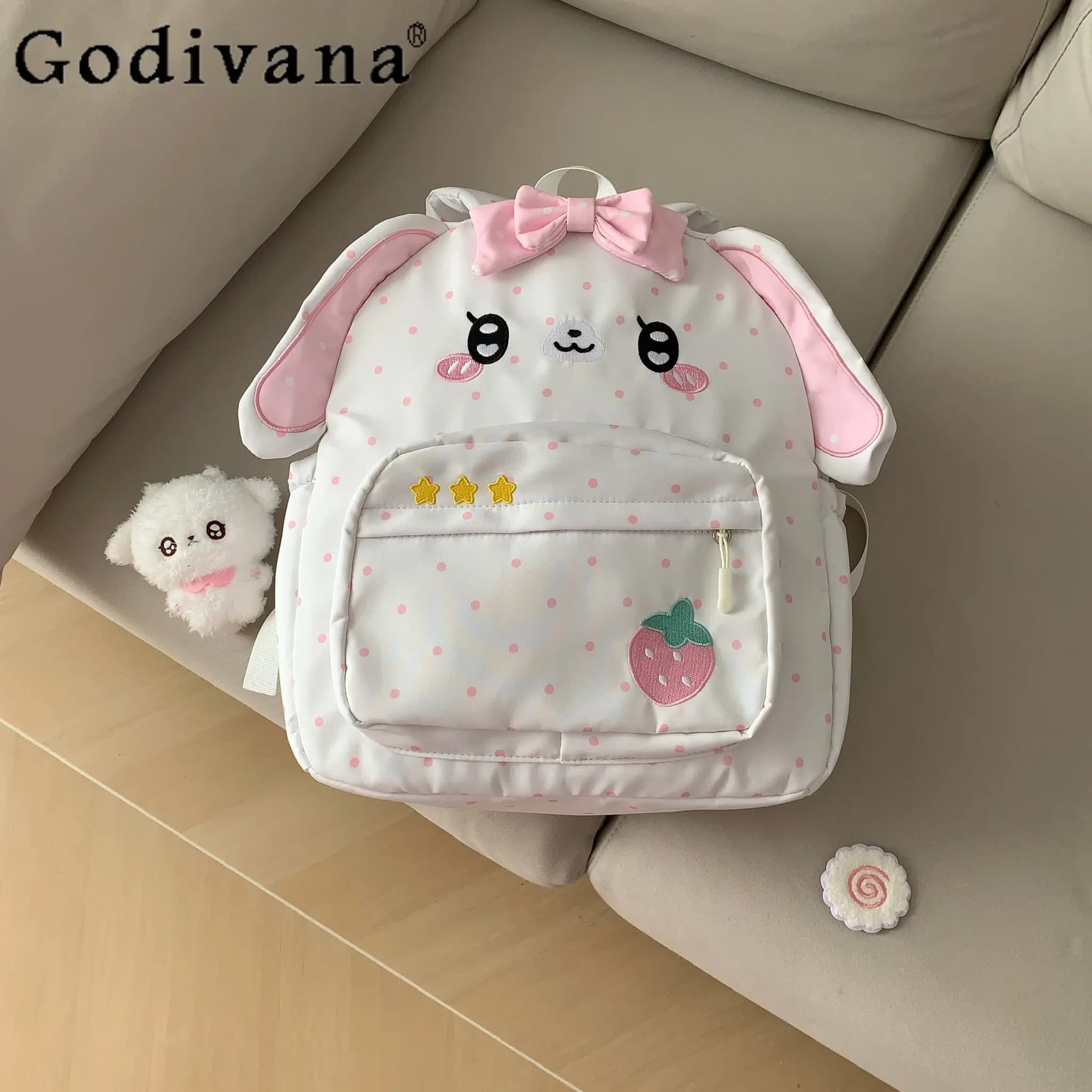 Zaino originale giapponese morbido per ragazze Kawaii con orecchie di coniglio Zaino da scuola per studenti in stile college Y2K con ricamo a fragola