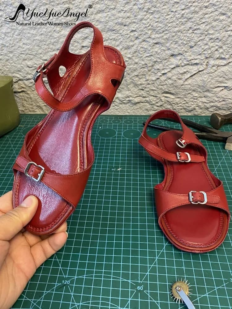 Sandali Estivi da Donna in Vera Pelle di Pecora Fatti a Mano, Scarpe Comode Casual con Fibbia, Sandali da Donna con Punta Aperta di Design