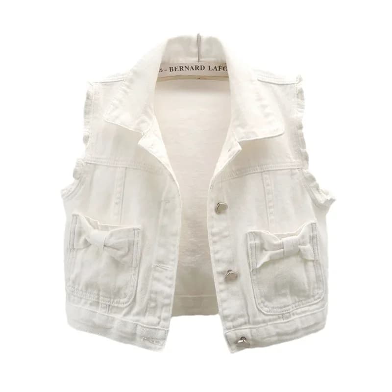 Gilet di jeans bianco di nuova moda da donna estiva Gilet da cowboy corto sottile Gilet di jeans senza maniche con tasca grande casual Giacca femminile