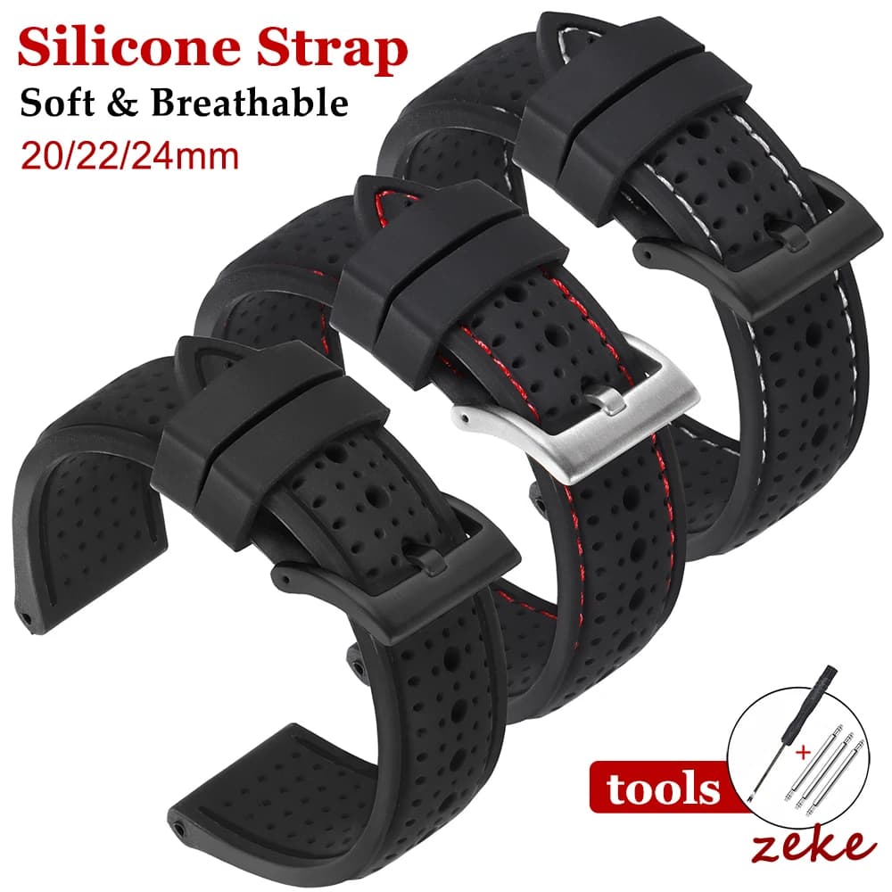 20mm 22mm 24mm silicone rubber strap soft men sport breathable wrist strap waterproof bracelets with black matt buckle