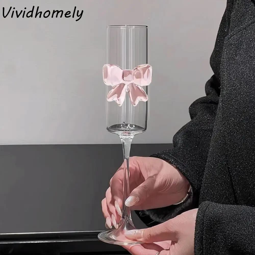 2 pezzi INS stile trasparente fiocco rosa vetro champagne ultra sottile 160 ml flauti champagne fiocco 3D bicchieri regalo