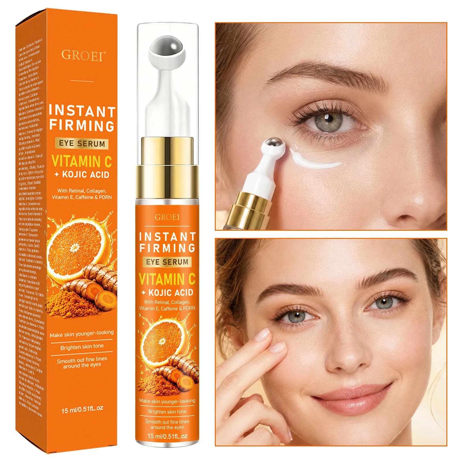 GROEI Kojic Acid Roll On Eye Serum 15ml – Vitamin C, Caffeine, Brighten Dark Circles and Nourish