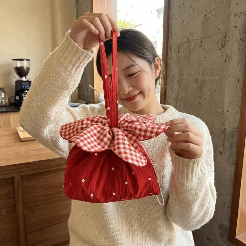 Sweet Flower Drawstring Handbag Cute Plaid Double-Sided Phone Pouch Large Capacity Flower Pattern Clutch Purse Commute Travel