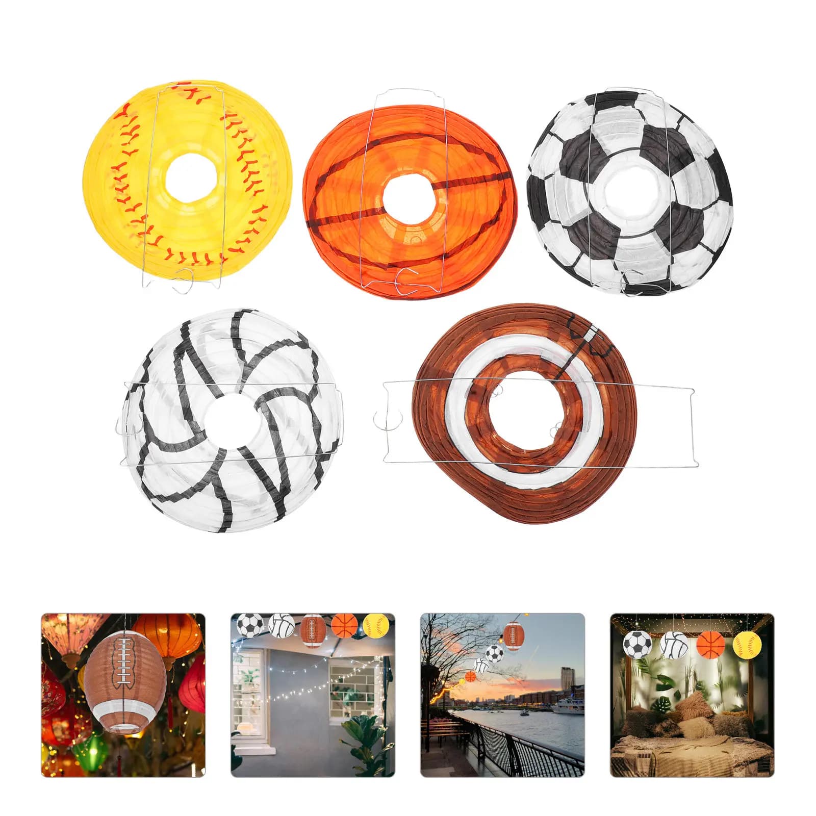 Set di 5 Lanterne di Carta a Tema Sportivo: Pallacanestro, Calcio, Baseball, Pallavolo, Rugby - Decorazioni Sospese per Feste di Compleanno