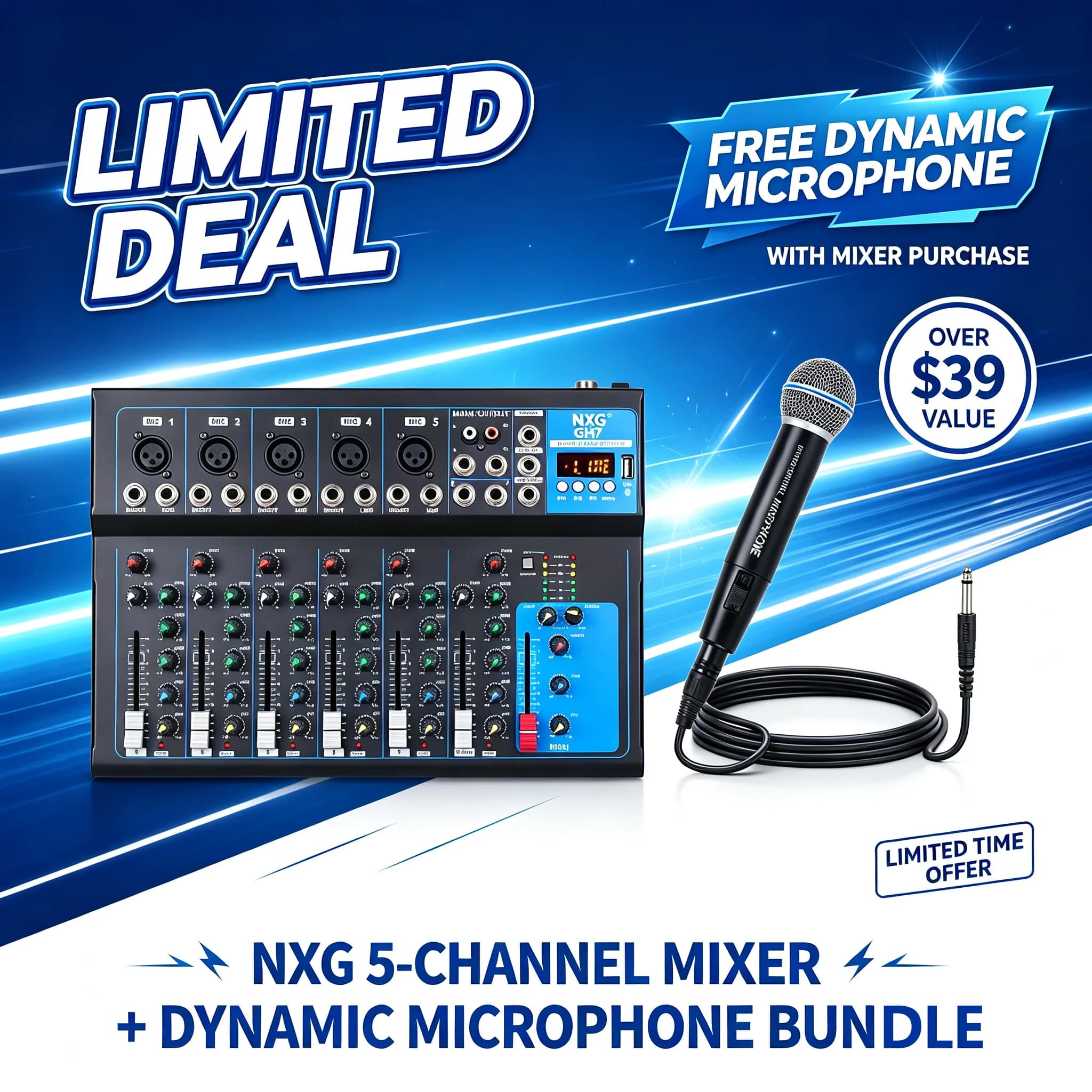 NXG 7-Channel Professional DJ Audio Mixer | Comes with a Wired Dynamic Microphone, Bluetooth USB DJ Sound Mixing Console, Perfect for Live Streaming, Karaoke, Studio Recording, Plug-and-Play Combo Set, Black Friday/Halloween Promo Pack