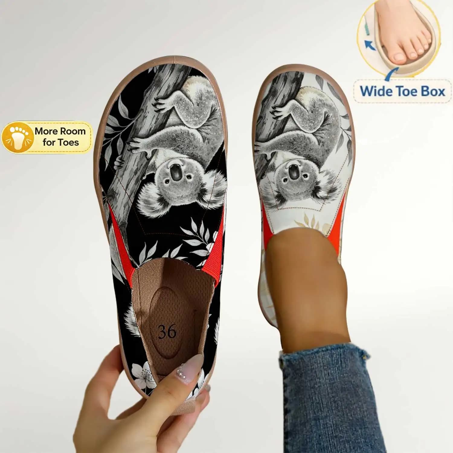 Scarpe Slip-On da Donna con Stampa Koala, Mocassini in Tela Traspiranti con Punta Larga per Piedi Larghi