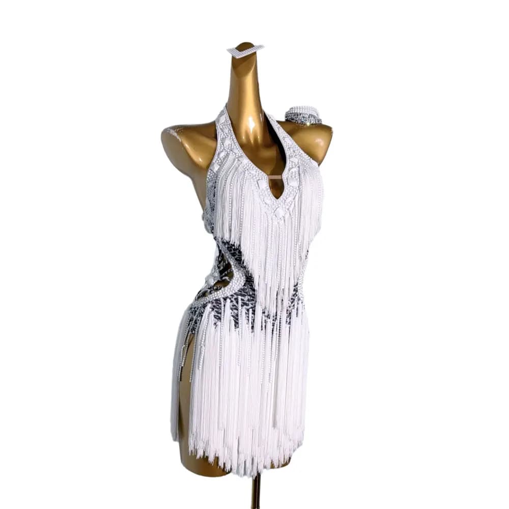 Costume da ballo latino con strass AB, da donna e bambina, personalizzato di alta gamma, abito da performance Samba con nappe bianche