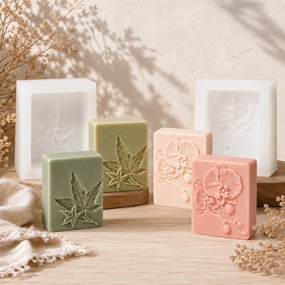 Embossed Flower Soap Mold Maple Leaf & Phalaenopsis Orchid Silicone Soap Mold for Handmade Soap DIY Aromatherapy Candle Craft