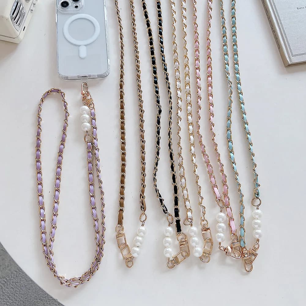 Phone Lanyard Women's Long Leather Woven Metal Chain With Pearl Phone Case Universal Phone Lanyard Diagonal Cross Bag Decoration