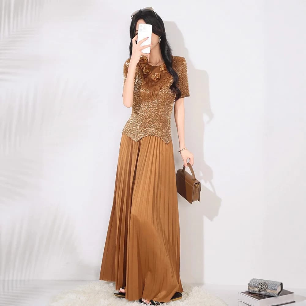 Ele Faionable Gold Emed Ort Sve Short Sleeved Top and Long Life Long Pants Women Casual Sports Clothing Set