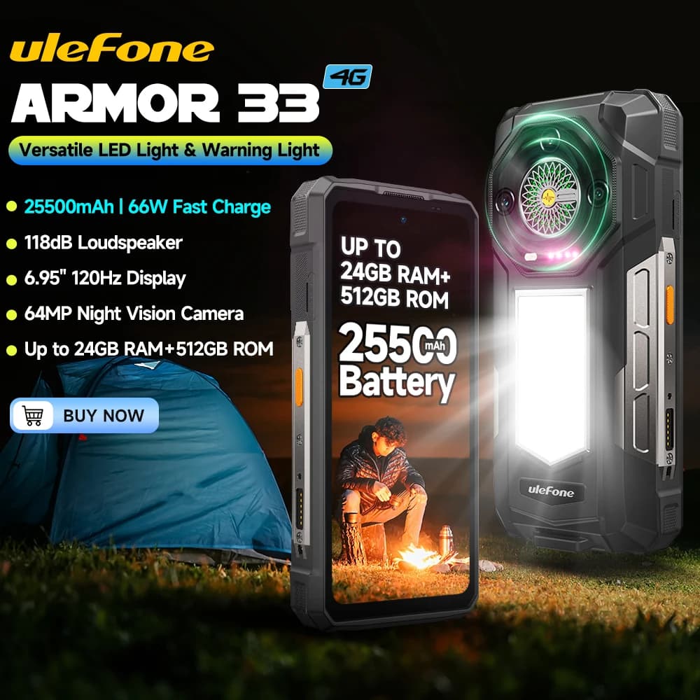【2025 Nuovo】Ulefone Armor 33 Telefono robusto Smartphone Android 15 24 GB + 512 GB 25500 mAh Telecamera notturna NFC Altoparlante LED versatile
