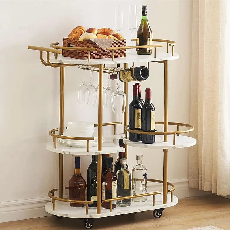 Carrello europeo in ferro battuto per vagone da pranzo per vino a tre strati, bar, portaoggetti per la casa, bicchiere da vino, carrello per attrezzi in marmo artificiale