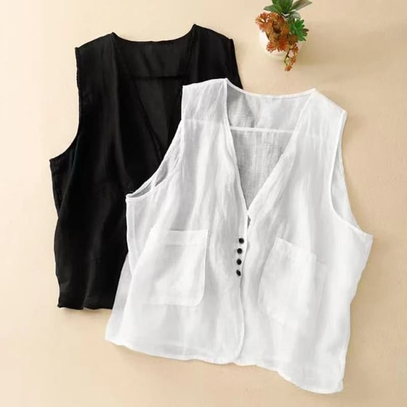 Gilet estivo da donna in cotone e lino sottile Basic Solid Nero Bianco Giacche senza maniche Cappotto Elegante scollo a V Cover Up Gilet Top