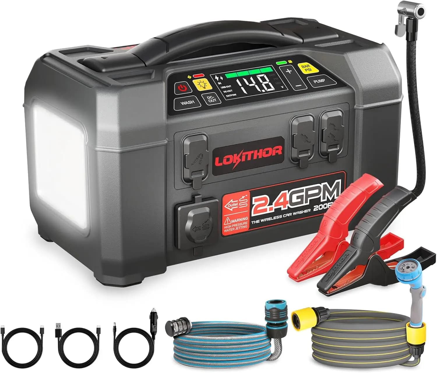 AW401 5-in-1 Multi-Function Emergency Tool, 2500A Jump Starter + Cordless Air Compressor + Multi-use Pressure Washer + LED Light