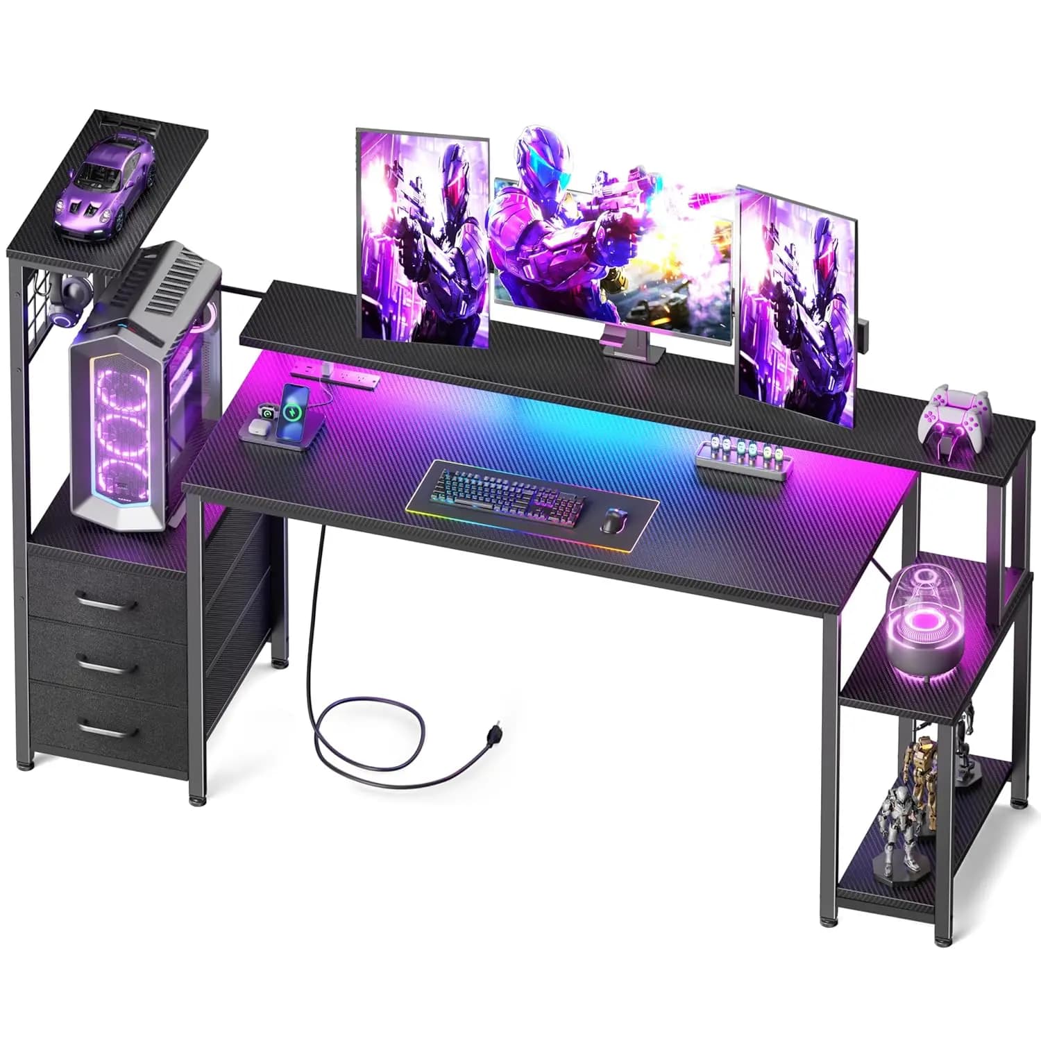 Scrivania da Gaming 63 Pollici con Luci LED, Prese di Corrente, Cassetti, Ganci, Supporto Monitor per Sala Giochi e Ufficio, Personalizzabile