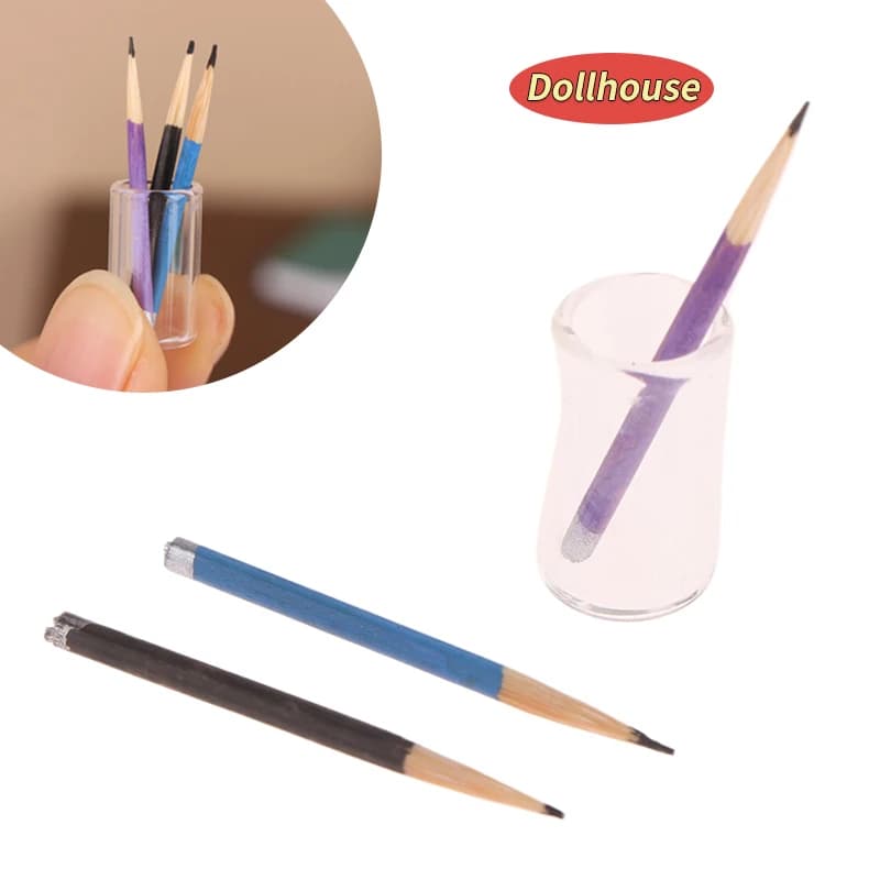 1/12 Dollhouse Mini Pencil Pencil Holder Set Dollhouse School Stationery Dolls House Decoration Accessories Kid Pretend Play Toy