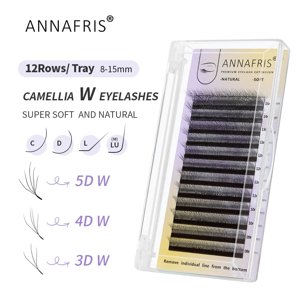ANNAFRIS Camelia Volume Estensione ciglia 4D 5D W Soffici morbidi naturali prefabbricate Ventole Ciglia L Curl W Forma Ciglia