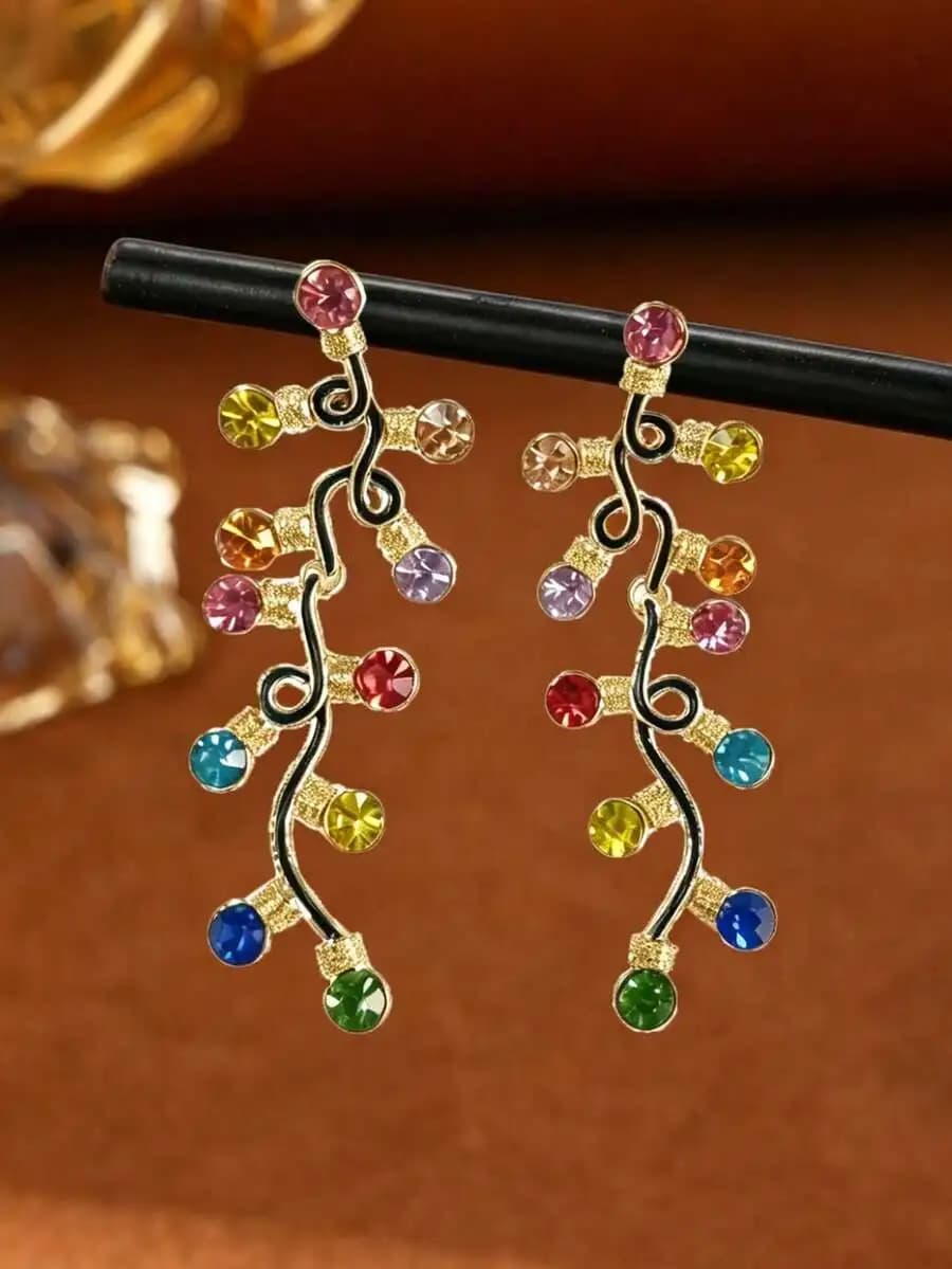 1 Pair Colorful Rhinestone Christmas Tree Shaped Earrings, Women's Dopamine Color Fashion Vine Earrings, Suitable For Wedding/Pa