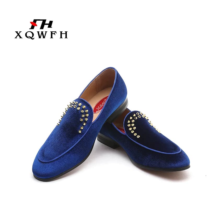 XQWFH Luxury Mens Penny mocassini scarpe eleganti blu Slip On Velvet Driving Shoes Wedding Smoking Rivet pantofole Smoking Suit Shoes