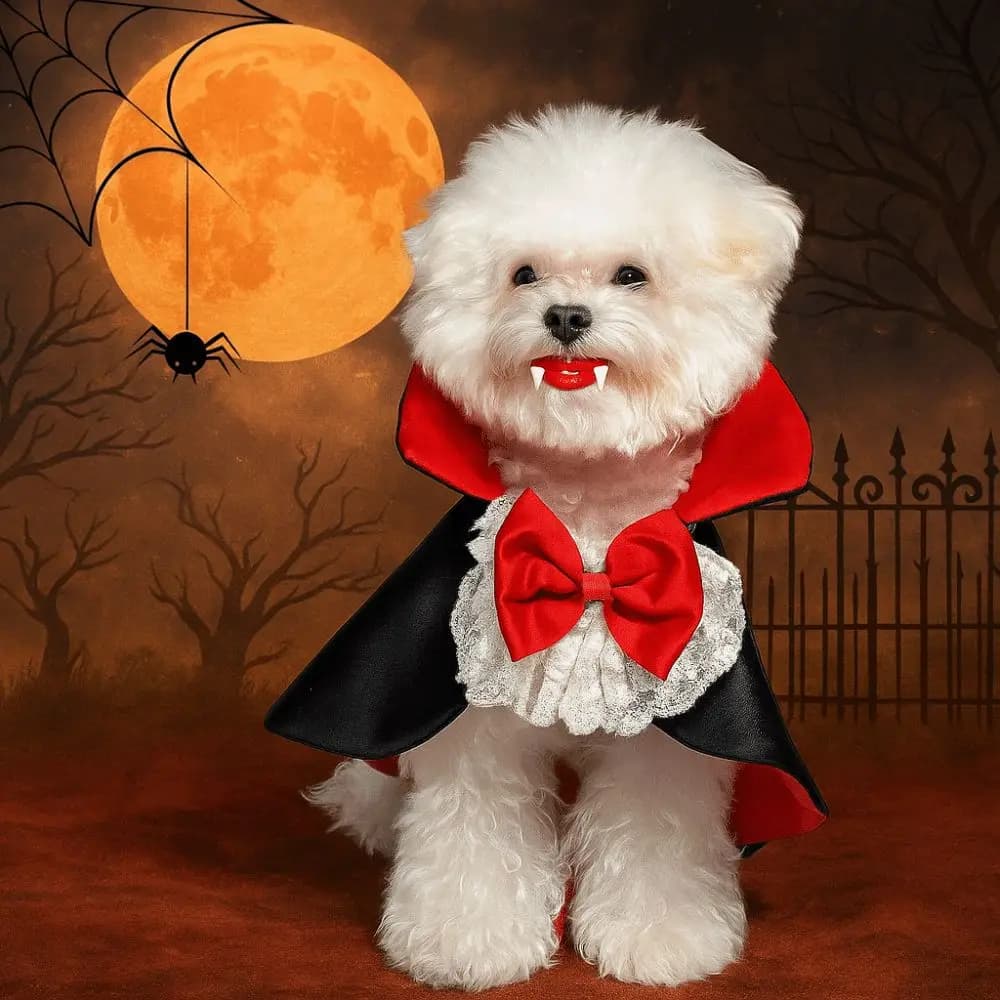 Costume di Halloween per animali domestici con papillon e colletto a collo alto in pizzo, mantello per cani di piccola taglia, facile da indossare, mantello cosplay per gatti