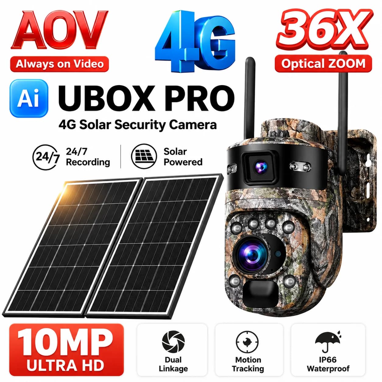 SECTEC 2-in-1 Dual-Lens 4G AOV Solar Security Camera 7/24 Recording AOV WiFi Camera 36X Zoom AI Detection Camouflage CCTV Camera