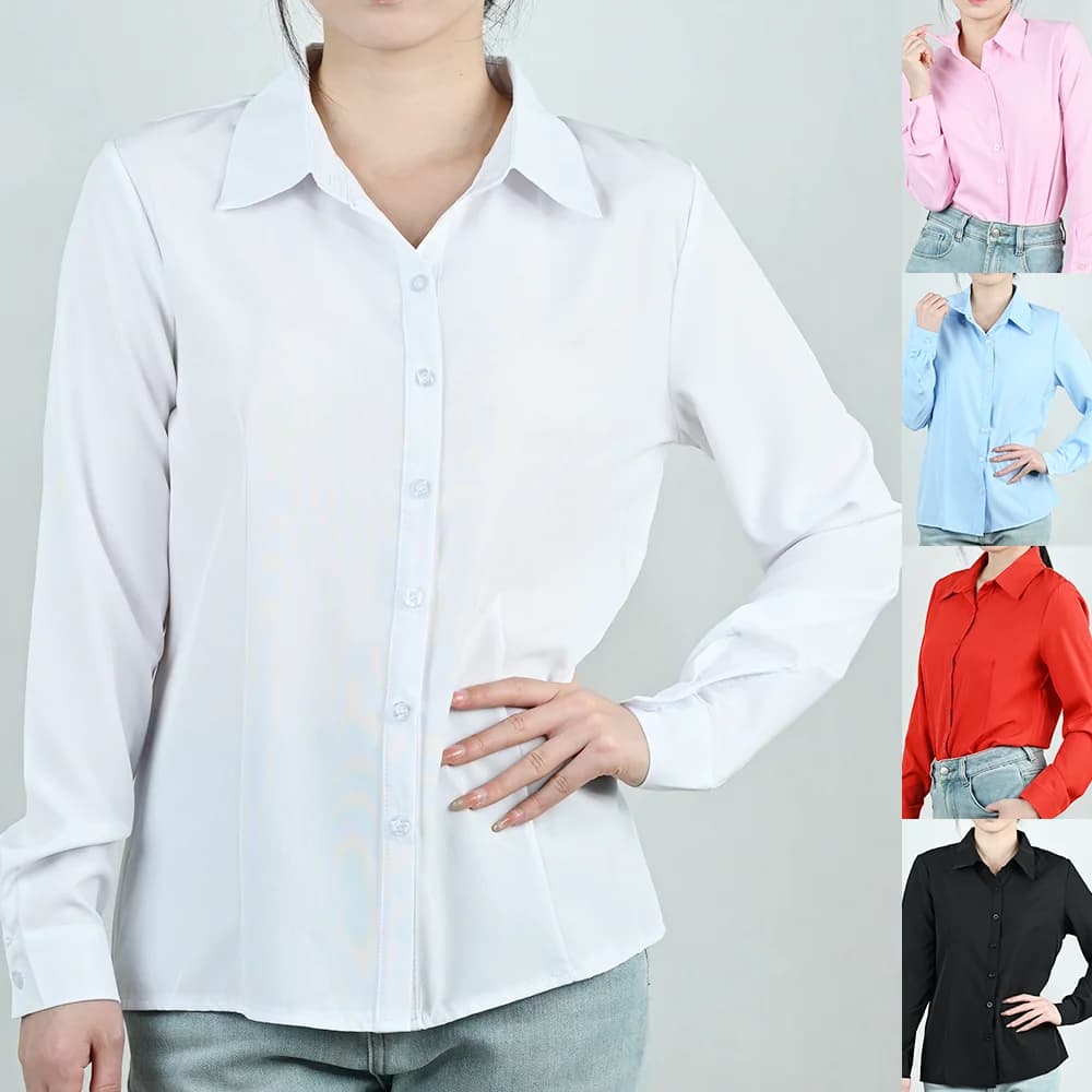 Camicetta bianca nera da donna da ufficio Primavera Autunno Lady Camicia elegante a maniche lunghe con risvolto Casual Classico Solid Top Abbigliamento femminile