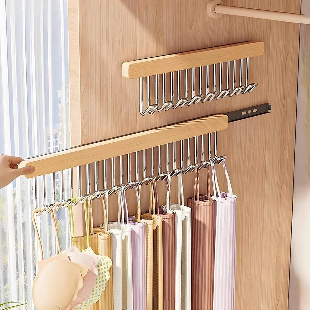 Appendiabiti retrattile in legno da 8/12 ganci Appendiabiti multifunzionale per reggiseno Appendiabiti per guardaroba a parete Organizzatore di vestiti
