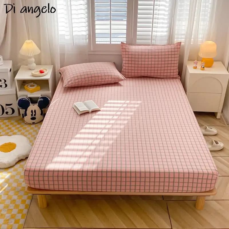 Bedlinen with solid corners with simple lattice printed in cotton, mattress cover, four corners with elastic band, bedding, pillowcase # / #